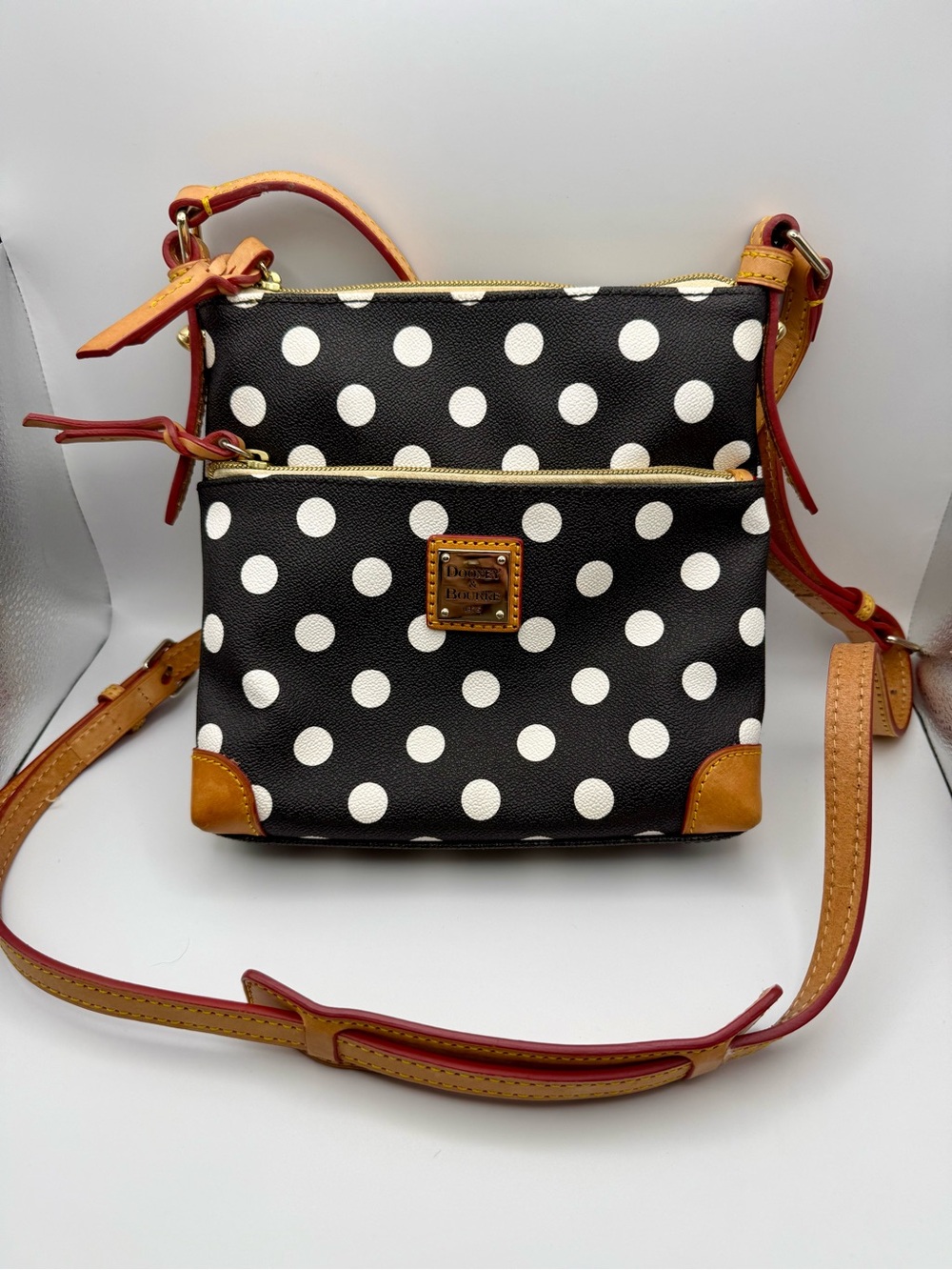 Dooney & Bourke Black & White Polka Dot Crossbody Letter Carrier Bag - EUC